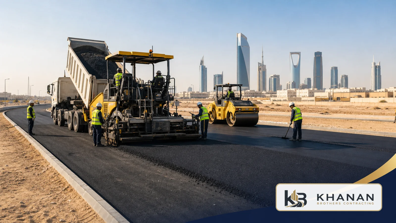 Asphalt paver and rollers laying a new road surface in Saudi Arabia