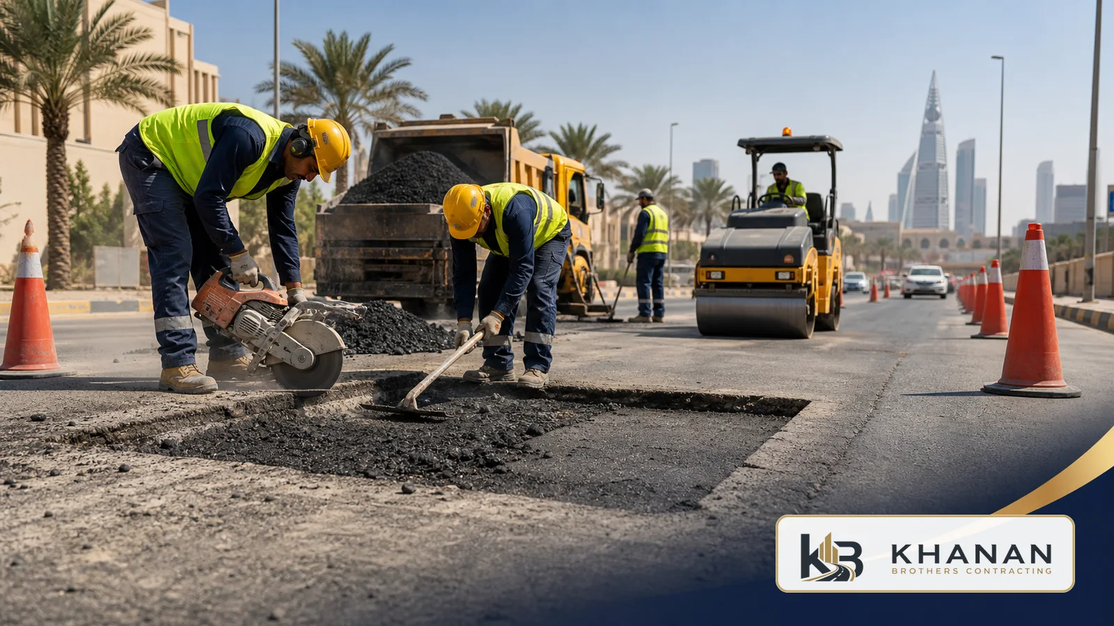 Asphalt repair crew cutting and preparing a damaged Riyadh road patch