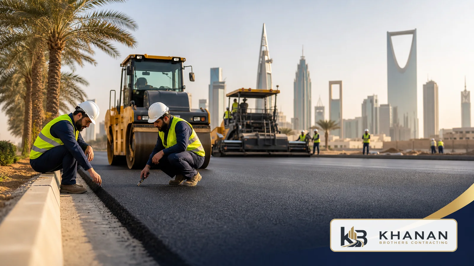 Khanan Brothers asphalt paving team inspecting a Riyadh roadwork site